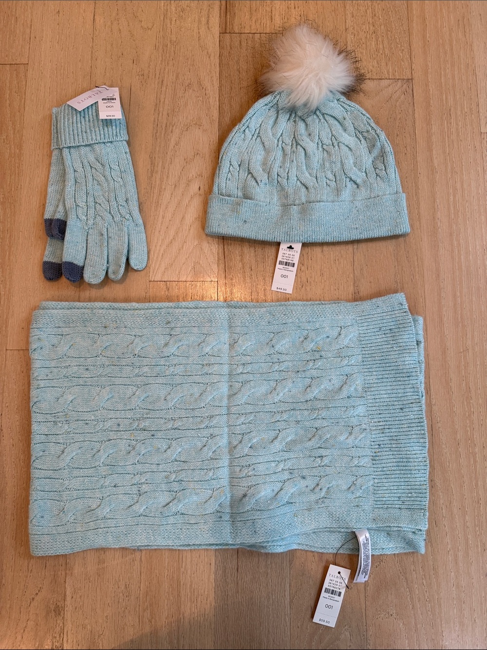 Talbots Light Blue Cable-Knit Hat, Scarf & Glove Set with Faux Fur Pom